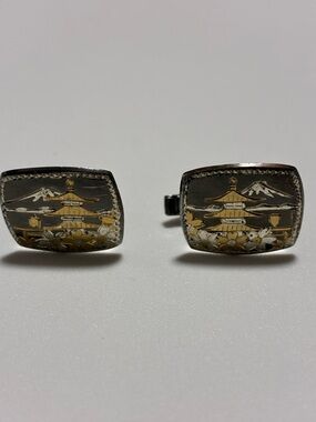 Gold and Silver Pagoda Motif Cuff Links - Men Accessories